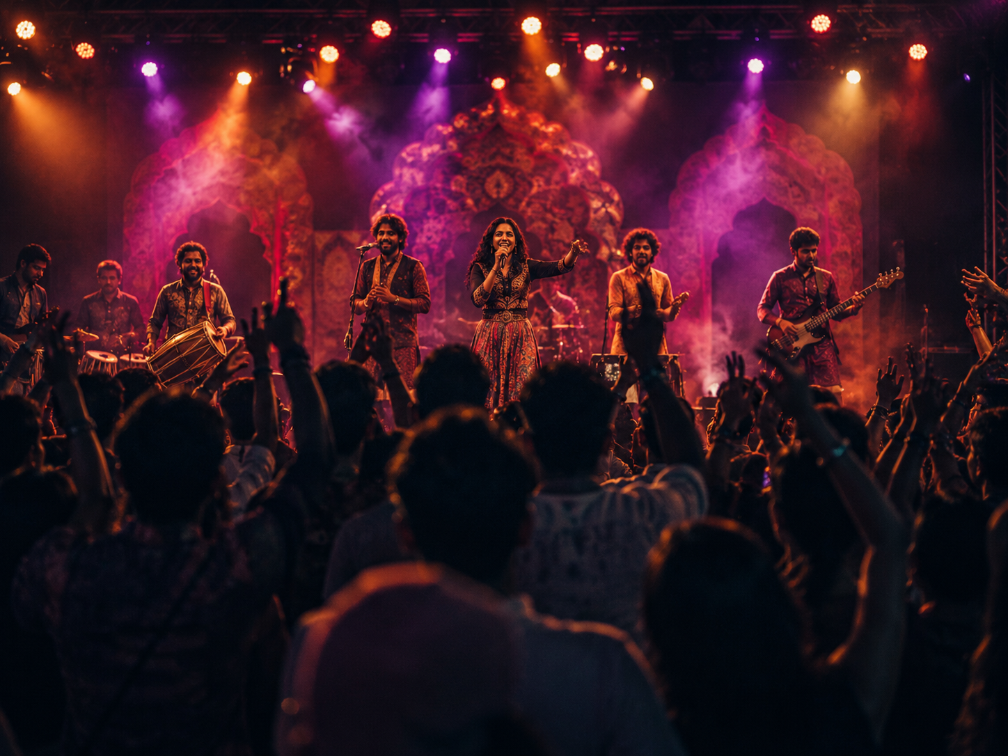 Dancers in bright textiles under warm stage lighting at a cultural festival