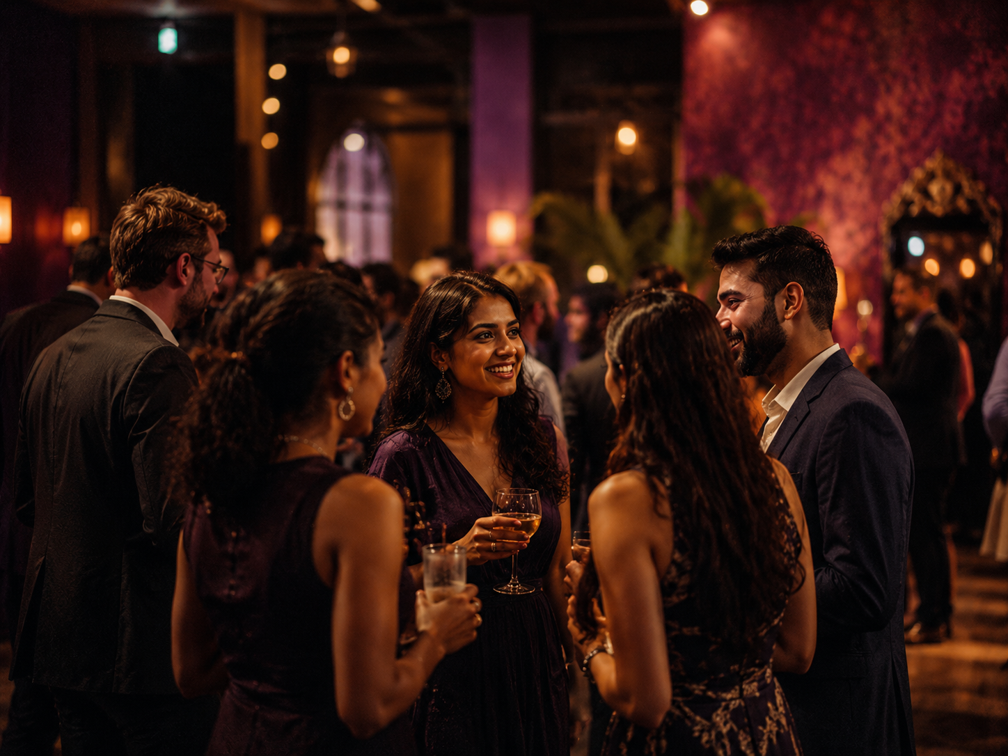 Students networking with drinks in a warmly lit lounge